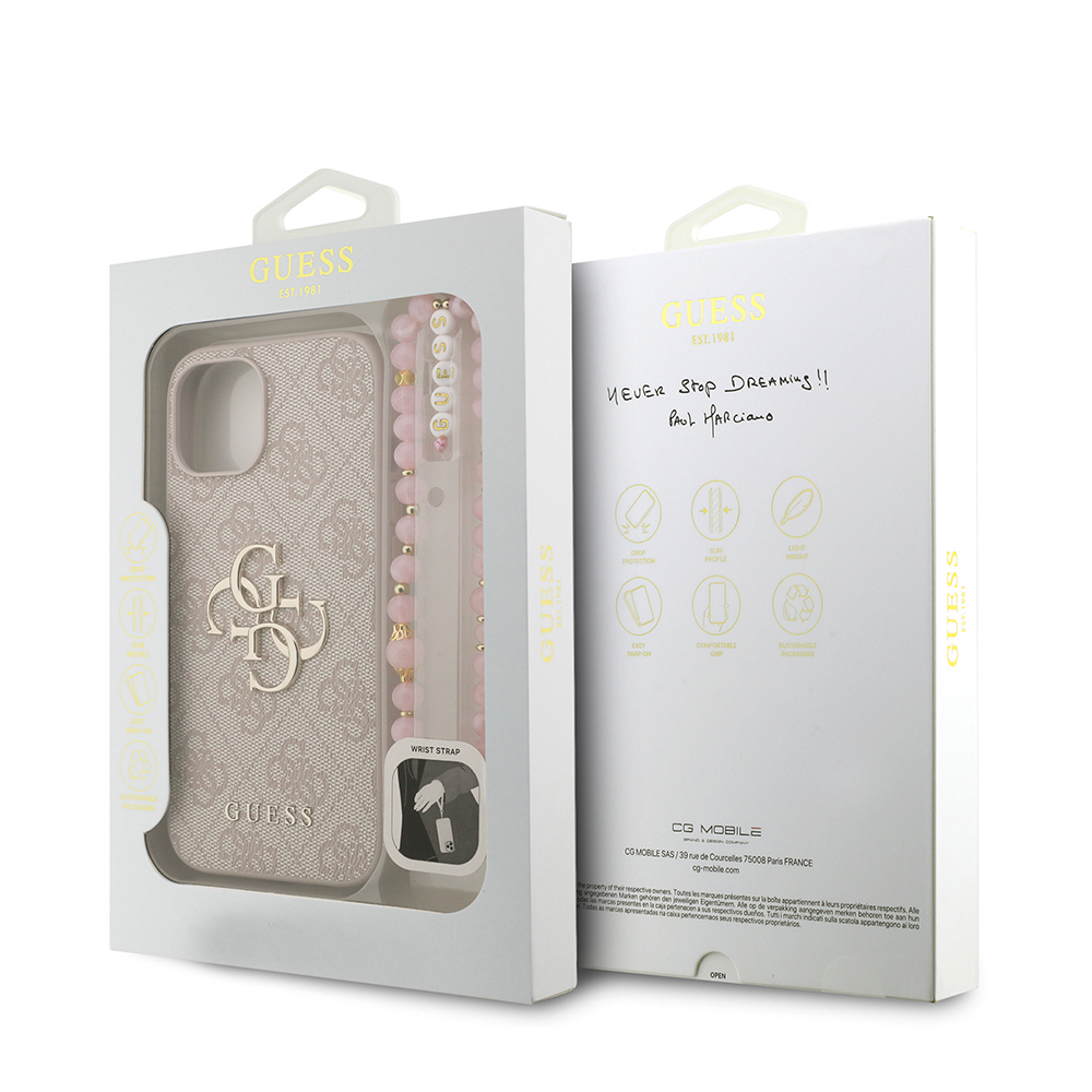 Apple iPhone 14 Case Guess Original Licensed PU Leather Wrist Strap Rope Metal Large 4G and Text Logo Cover - 11