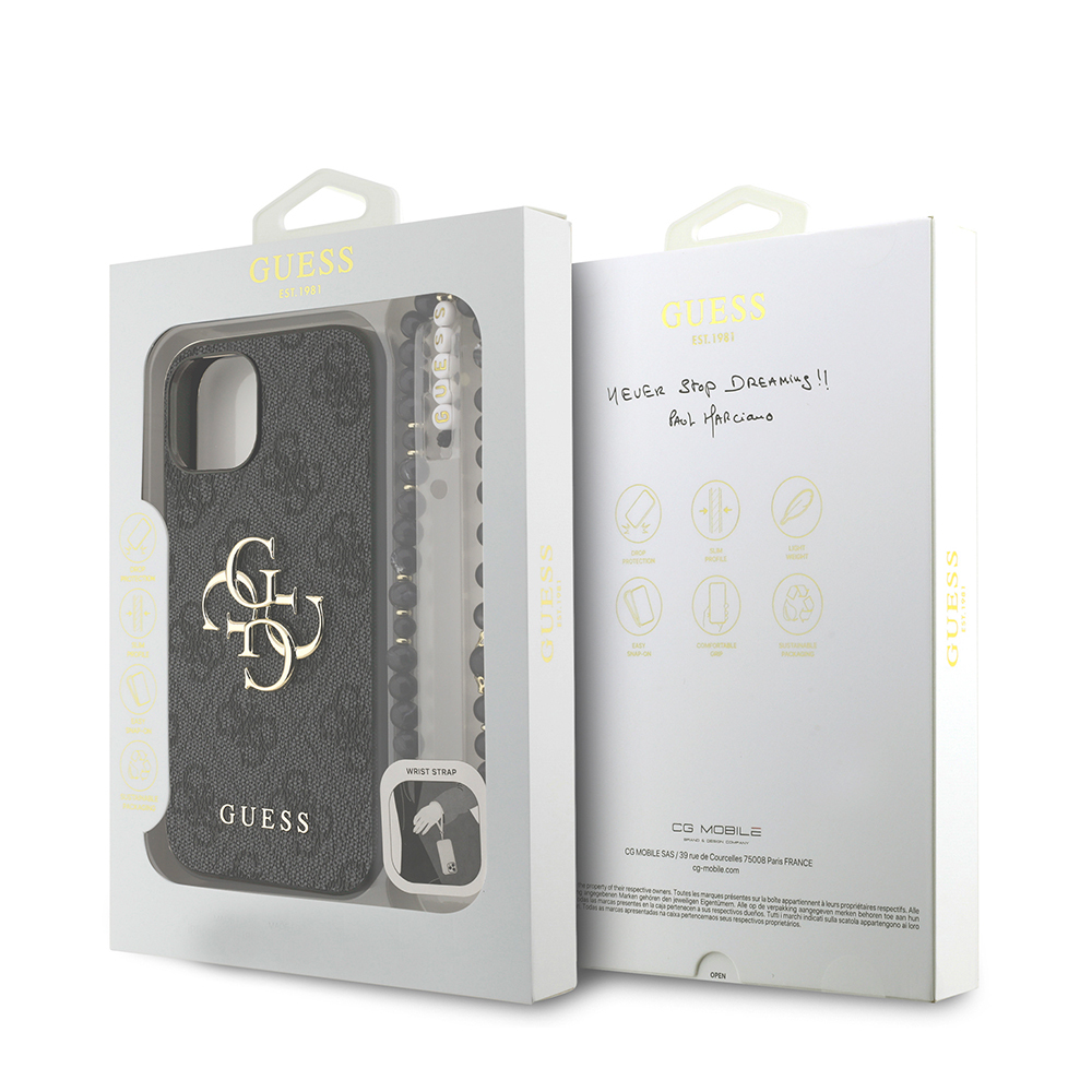 Apple iPhone 14 Case Guess Original Licensed PU Leather Wrist Strap Rope Metal Large 4G and Text Logo Cover - 18