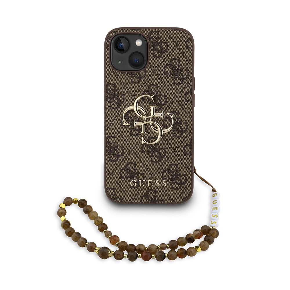 Apple iPhone 14 Case Guess Original Licensed PU Leather Wrist Strap Rope Metal Large 4G and Text Logo Cover - 4