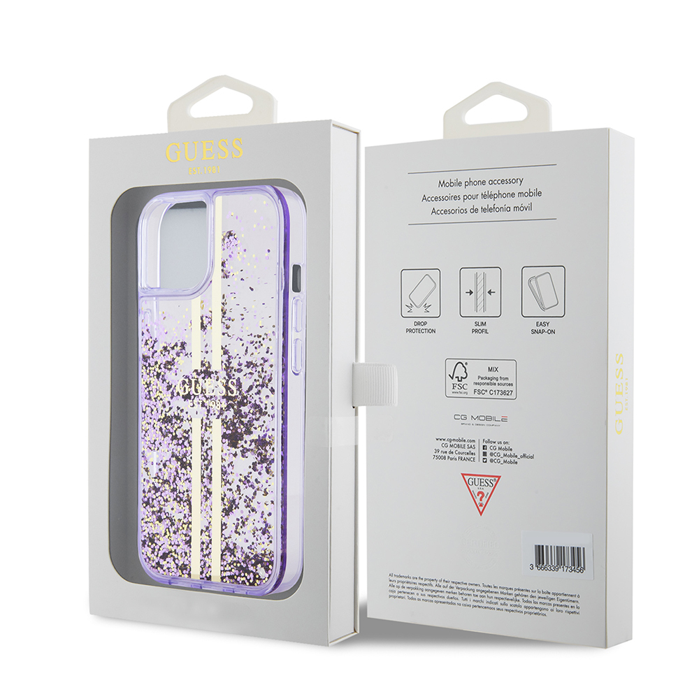 Apple iPhone 14 Case Guess Original Licensed Transparent Liquid Glitter Gold Striped Cover - 17