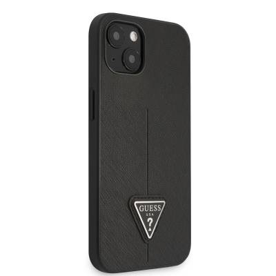 Apple iPhone 14 Case GUESS PU Saffron Leather Triangle Logo Design Cover Black