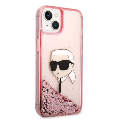 Apple iPhone 14 Case Karl Lagerfeld Liquid Glitter Karl Head Design Cover Pink