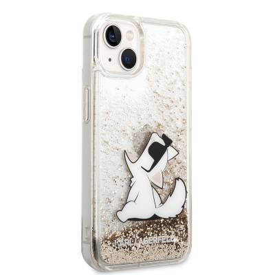 Apple iPhone 14 Case Karl Lagerfeld Liquid Glittery Choupette Design Cover Gold