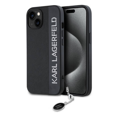 Apple iPhone 14 Case Karl Lagerfeld Original Licensed Keychain Stone KL Written Saffiano Rhinestones Cover Black