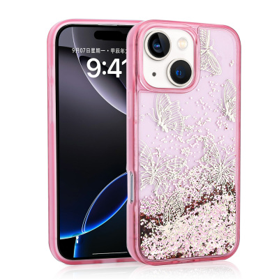 Apple iPhone 14 Case Liquid Glitter Butterfly Printed Transparent Back Surface Zore Glis Silicone Cover Pink