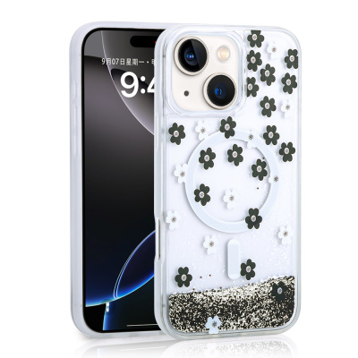 Apple iPhone 14 Case Liquid Glitter Printed Transparent Back Surface Zore Mossa Silicone Cover Black