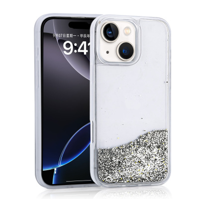 Apple iPhone 14 Case Liquid Glitter Transparent Back Surface Zore Keto Silicone Cover Silver