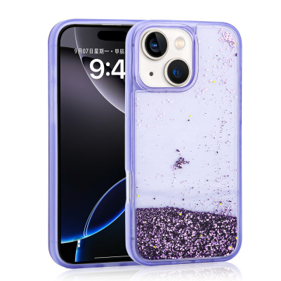 Apple iPhone 14 Case Liquid Glitter Transparent Back Surface Zore Keto Silicone Cover Purple