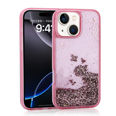 Apple iPhone 14 Case Liquid Glitter Transparent Back Surface Zore Keto Silicone Cover Pink