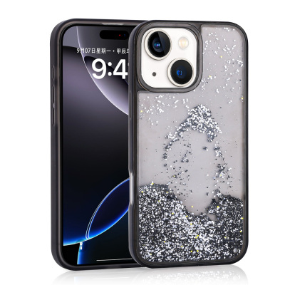 Apple iPhone 14 Case Liquid Glitter Transparent Back Surface Zore Keto Silicone Cover Black