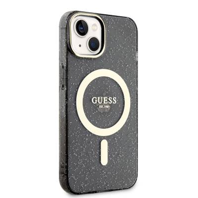 Apple iPhone 14 Kılıf GUESS Magsafe Şarj Özellikli Glitter Kapak Siyah