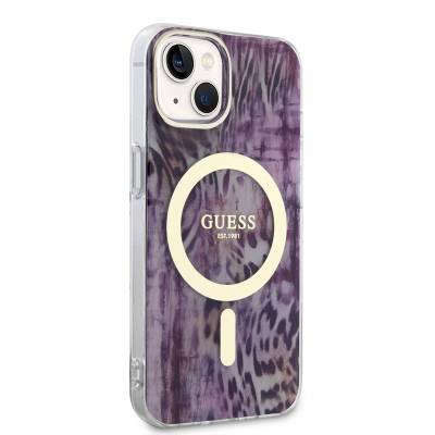 Apple iPhone 14 Kılıf GUESS Magsafe Şarj Özellikli Leopar Desenli Kapak Pembe