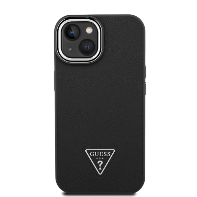 Apple iPhone 14 Kılıf Guess Orjinal Lisanslı M-safe Şarj Özellikli Grained Triangle Kapak Siyah
