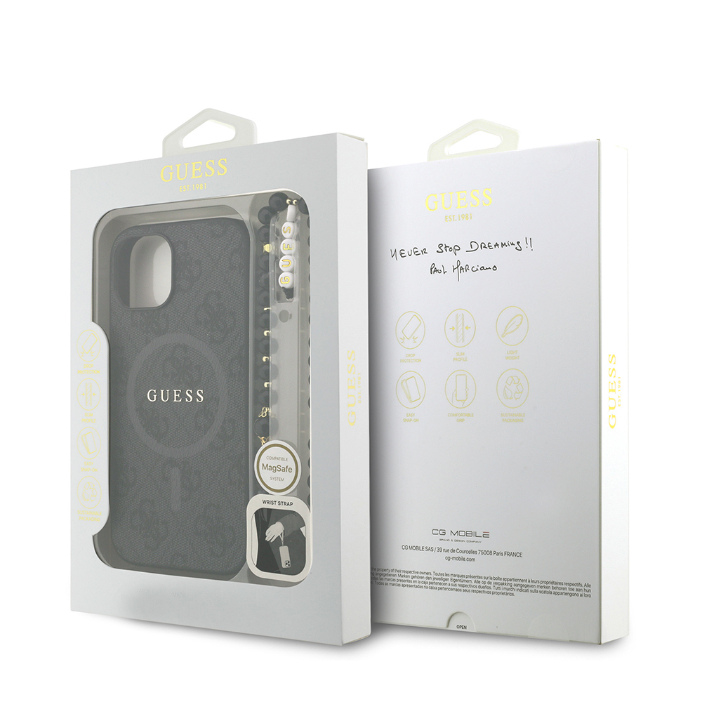 Apple iPhone 14 Kılıf Guess Orjinal Lisanslı M-safe Şarj Özellikli PU Deri Bilek Askı İpli Yazı Logolu Kapak - 25