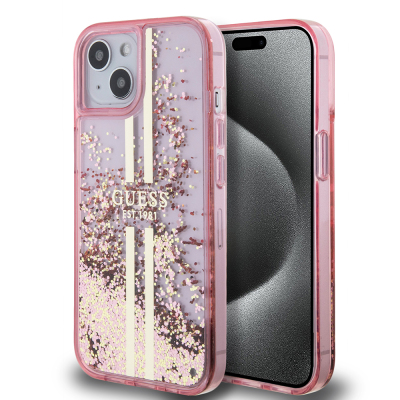 Apple iPhone 14 Kılıf Guess Orjinal Lisanslı Transparan Sıvılı Simli Altın Çizgili Kapak Pembe