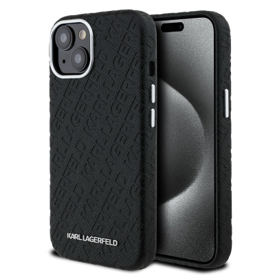 Apple iPhone 14 Kılıf Karl Lagerfeld Orjinal Lisanslı PU Deri Damgalı Metal Yazı Logolu Kapak Siyah