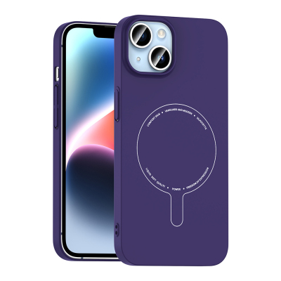 Apple iPhone 14 Kılıf M-Safe Şarj Özellikli Kamera Korumalı Zore Elio Sert PC Kapak Derin Mor