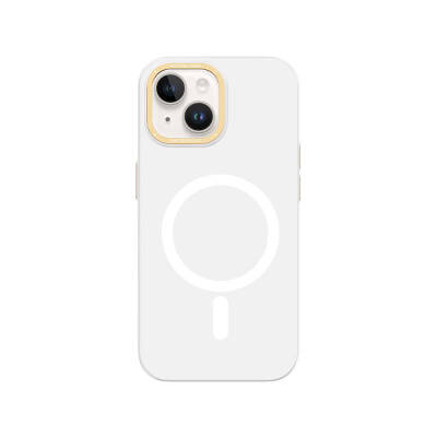 Apple iPhone 14 Kılıf Magsafe Şarj Özellikli Metal Kamera Çerçeveli Recci Glaze Serisi Kapak Beyaz