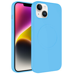 Apple iPhone 14 Kılıf Magsafe Wireless Şarj Özellikli Pastel Renk Silikon Zore Plas Kapak Mavi Açık