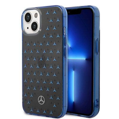 Apple iPhone 14 Kılıf Mercedes Benz Çift Katmanlı Yıldız Desenli Dizayn Kapak Siyah-Mavi