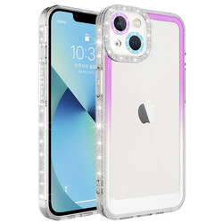 Apple iPhone 14 Kılıf Simli ve Renk Geçiş Tasarımlı Lens Korumalı Zore Park Kapak Mor-Beyaz