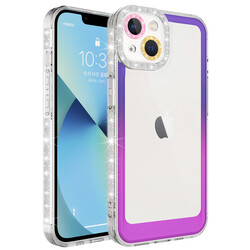 Apple iPhone 14 Kılıf Simli ve Renk Geçiş Tasarımlı Lens Korumalı Zore Park Kapak Mor-Pembe