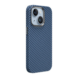 Apple iPhone 14 Kılıf ​​​​​Wiwu Karbon Fiber Görünümlü Magsafe Wireless Şarj Özellikli Kabon Kapak Mavi
