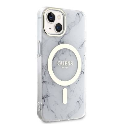 Apple iPhone 14 Plus Case GUESS Magsafe Charge Featured Marble Pattern Cover White