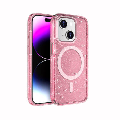 Apple iPhone 14 Plus Case Magsafe Charging Feature Shining Glitter Transparent Colored Zore Allstar Cover Pink