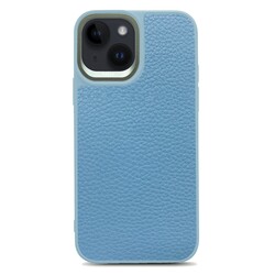 Apple iPhone 14 Plus Case Soft Leather Metal Camera Framed Kajsa Litchi Cover Blue