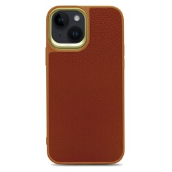 Apple iPhone 14 Plus Case Soft Leather Metal Camera Framed Kajsa Litchi Cover Brown