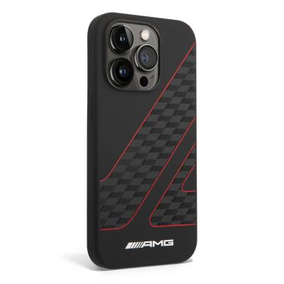 Apple iPhone 14 Pro Case AMG Liquid Silicone Checkered Flag Design Cover Black-Red