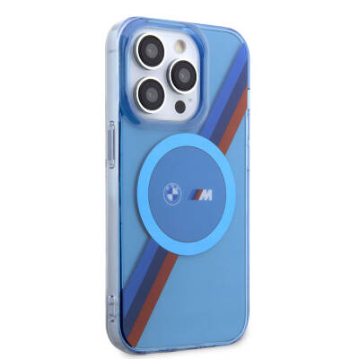 Apple iPhone 14 Pro Case BMW Magsafe Transparent Tricolor Stripes Original Licensed Cover with Charging Feature Blue