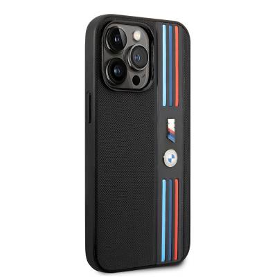 Apple iPhone 14 Pro Case BMW PU Leather 3-Color Striped Mesh Design Cover Black