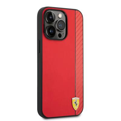 Apple iPhone 14 Pro Case Ferrari Magsafe Charging Feature PU Leather Carbon Striped Design Cover Red