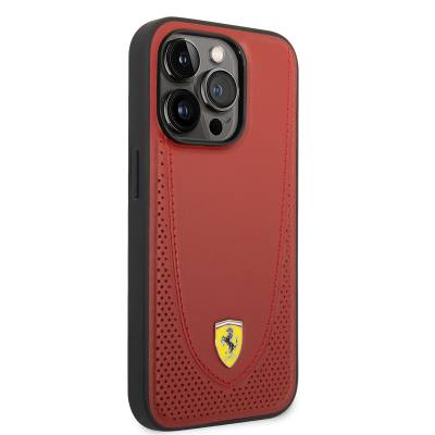 Apple iPhone 14 Pro Case Ferrari Magsafe Charging Featured Leather Perforated Stitched Design Cover Red