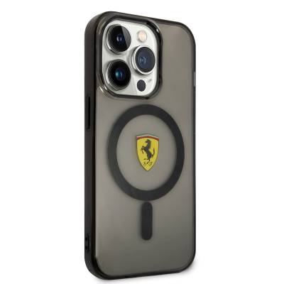 Apple iPhone 14 Pro Case Ferrari Magsafe Semi-Transparent Design Cover with Charging Feature Black