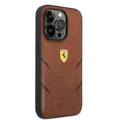 Apple iPhone 14 Pro Case Ferrari Original Licensed PU Leather Hot Print Striped Design Cover Brown