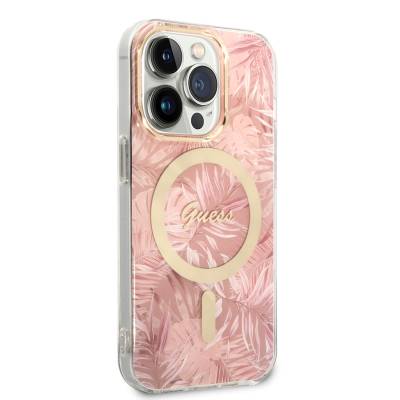 Apple iPhone 14 Pro Case GUESS Leaf Pattern Magsafe Charge Wired Cover with Magsafe Charging Feature Pink