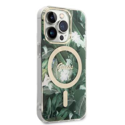 Apple iPhone 14 Pro Case GUESS Leaf Pattern Magsafe Charge Wired Cover with Magsafe Charging Feature Green