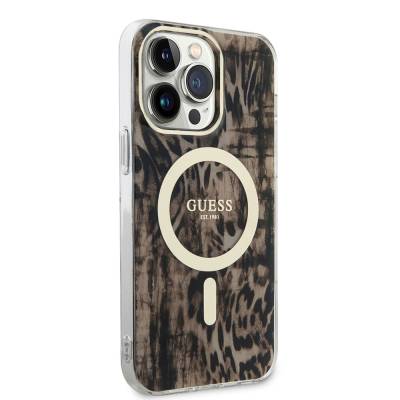 Apple iPhone 14 Pro Case GUESS Magsafe Charging Capable Leopard Pattern Cover Brown