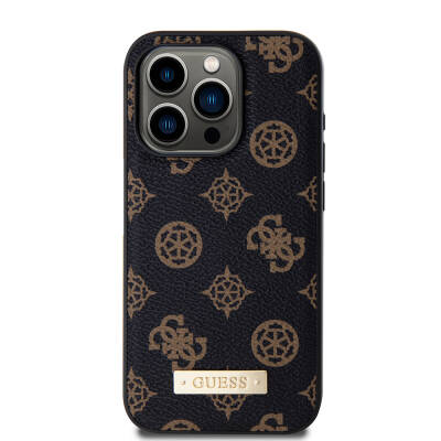 Apple iPhone 14 Pro Case Guess Magsafe Charging Featured PU Leather Patterned Metal Plate Logo Cover Black