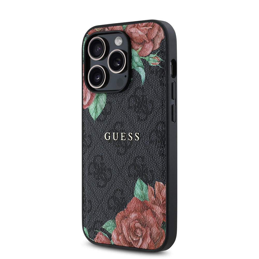 Apple iPhone 14 Pro Case Guess Original Licensed Magsafe Charging Feature Rose Printed 4G Patterned Text Logo Cover - 4