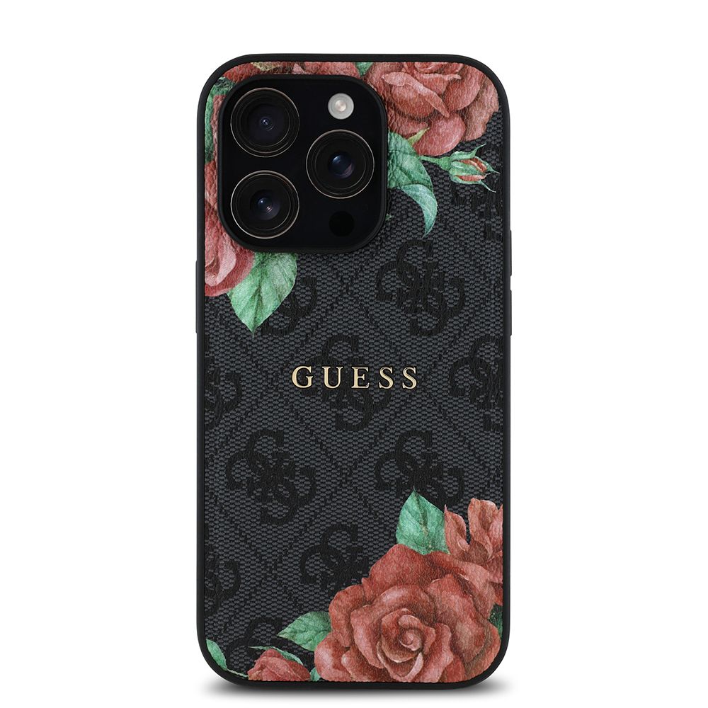Apple iPhone 14 Pro Case Guess Original Licensed Magsafe Charging Feature Rose Printed 4G Patterned Text Logo Cover - 5