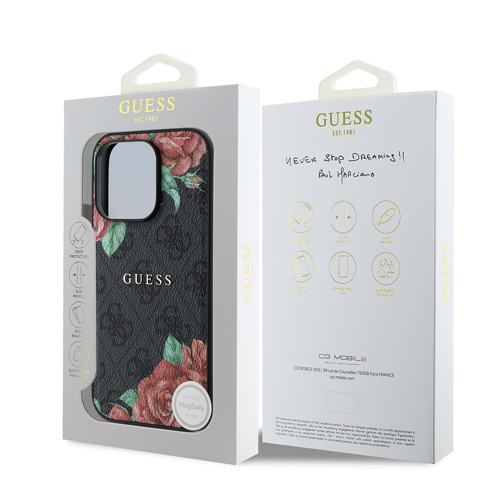Apple iPhone 14 Pro Case Guess Original Licensed Magsafe Charging Feature Rose Printed 4G Patterned Text Logo Cover - 10