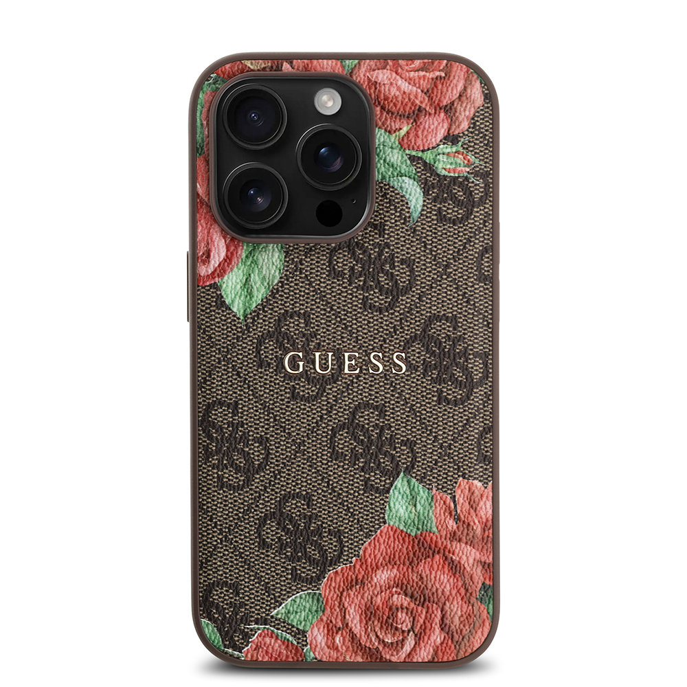 Apple iPhone 14 Pro Case Guess Original Licensed Magsafe Charging Feature Rose Printed 4G Patterned Text Logo Cover - 12