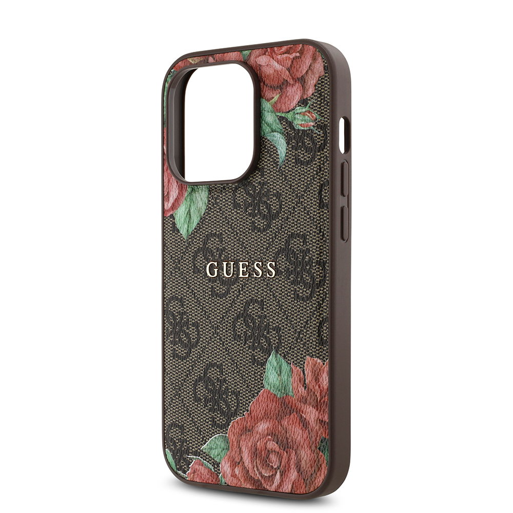 Apple iPhone 14 Pro Case Guess Original Licensed Magsafe Charging Feature Rose Printed 4G Patterned Text Logo Cover - 15