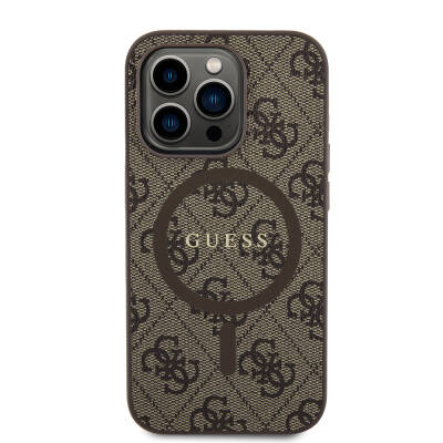 Apple iPhone 14 Pro Case Guess Original Licensed Magsafe Charging Featured 4G Patterned Text Logo Cover Brown