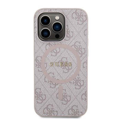 Apple iPhone 14 Pro Case Guess Original Licensed Magsafe Charging Featured 4G Patterned Text Logo Cover Pink