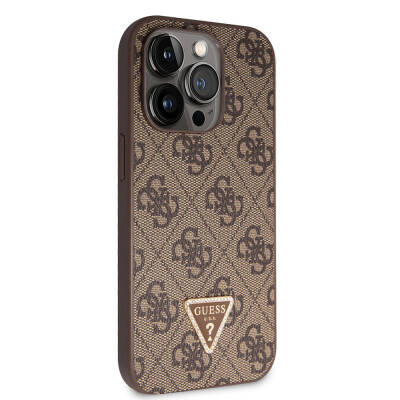 Apple iPhone 14 Pro Case Guess Original Licensed PU Leather Stoned Triangle Logo 4G Patterned Cover Brown